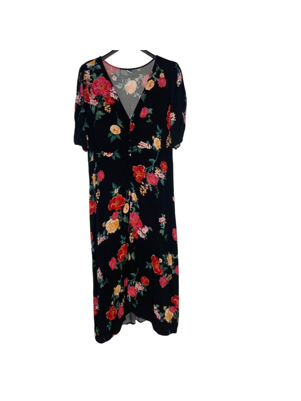 Old Navy Dark Floral Ruched Puff Sleeve Maxi Dress Sz 2X Smocked Back